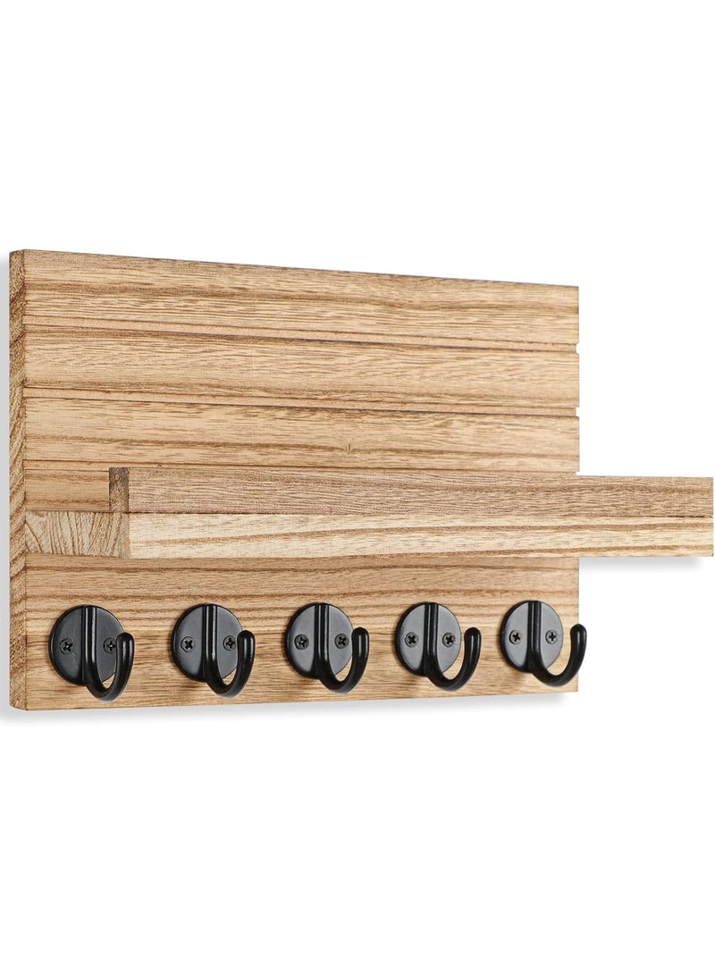 Key Holder for Wall, Decorative Key and Mail Holder with Shelf Has Large Key Hooks for Bags, Coats – Paulownia Wood Key Hanger with Mounting Hardware (9.8”W x 6.7”H x 4.2”D) (Burnt wood) - Image 1